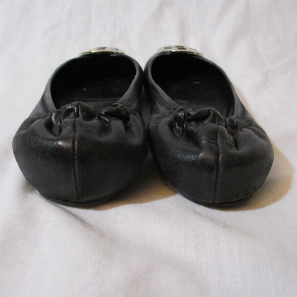 Womens TORY BURCH REVA Leather Ballet Flats Slip On Shoes 7.5 BLACK Signature - Picture 8 of 8